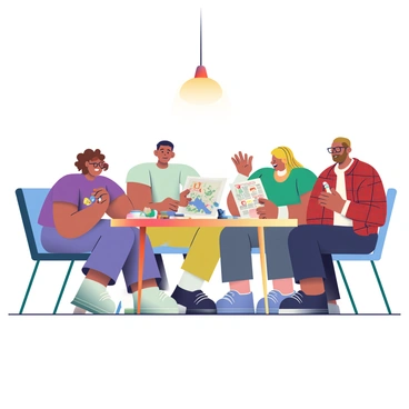 A group of four friends is gathered around a wooden table engaged in a tabletop role-playing game. One friend, a woman with curly brown hair wearing a purple t-shirt, is excitedly leaning forward, rolling a set of colorful dice in her hand. Another friend, a man with short black hair and glasses, is sitting back in his chair, looking at a fantasy map spread out on the table in front of him. The third friend, a woman with blonde braids, is animatedly discussing her character, holding a character sheet covered with notes and drawings. The fourth friend, a man with a beard and a red flannel shirt, is holding a pencil, ready to jot down notes as he listens intently. Scattered around the table are snacks, miniature figurines, and various game manuals. A warm lamp above provides soft lighting, creating a cozy atmosphere.