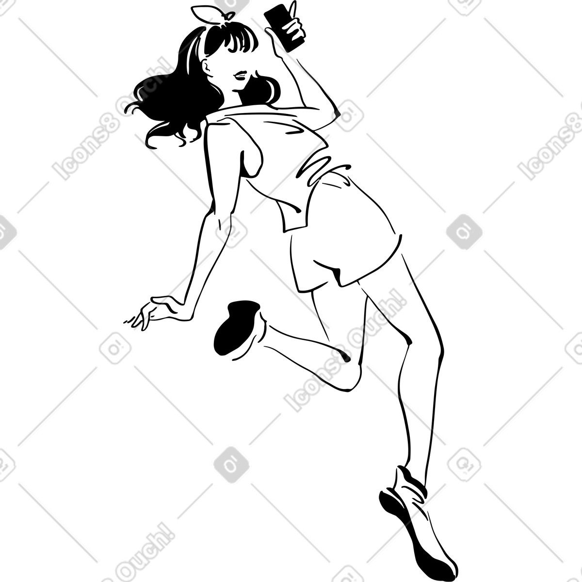 Illustration Jeune femme avec un smartphone regardant en arrière dans le style Line à télécharger aux formats PNG, SVG