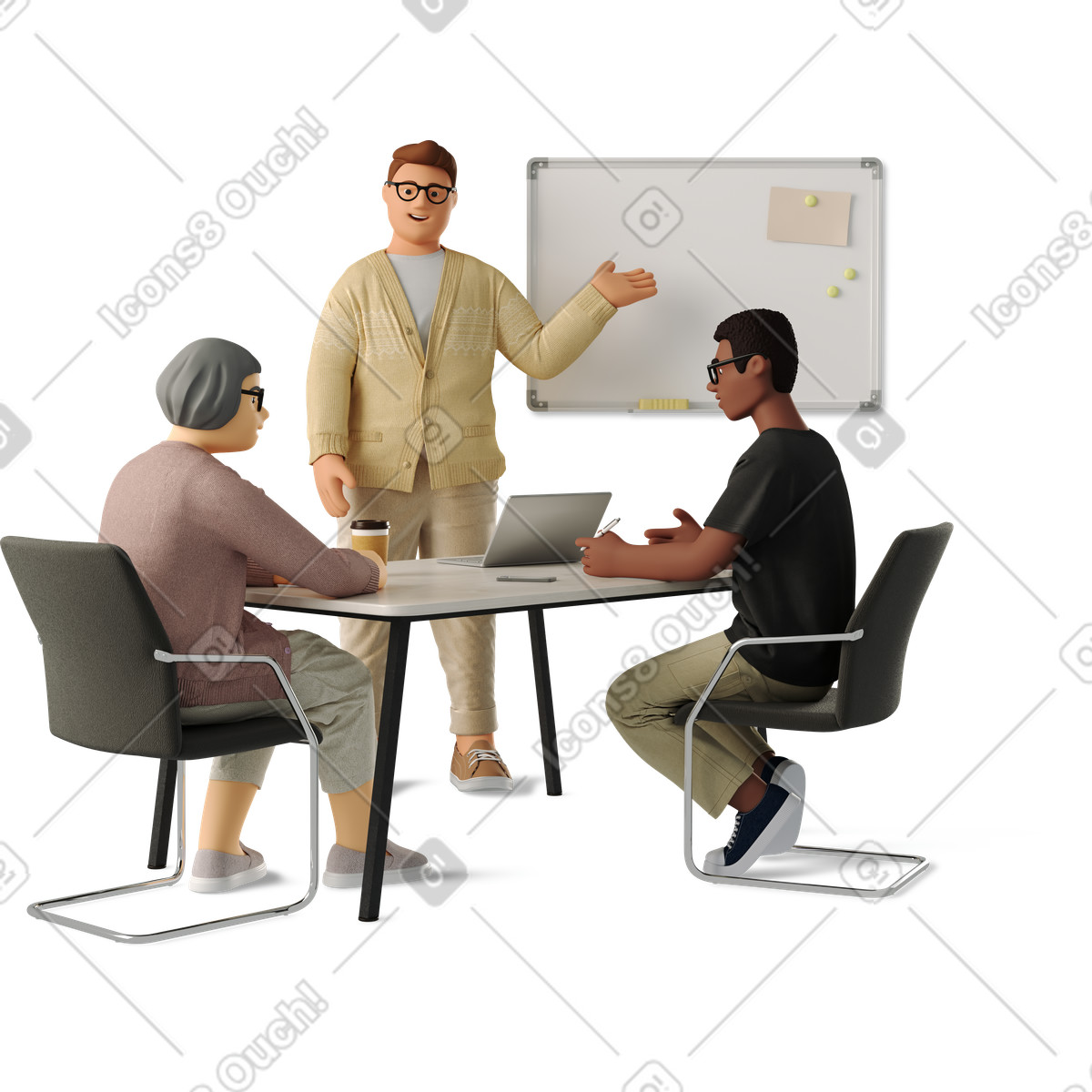 Three employees working at a table-Illustration im 3D Business-Stil als Download in PNG, SVG