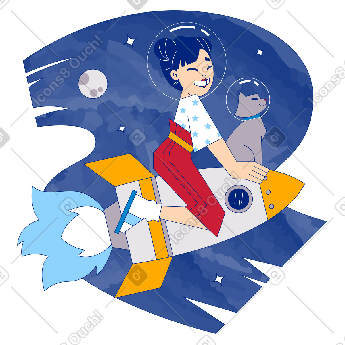 Neo-Sakura スタイルの 猫と一緒にロケットに乗って宇宙の冒険に出る女性 のイラストをPNG、SVG形式でダウンロード