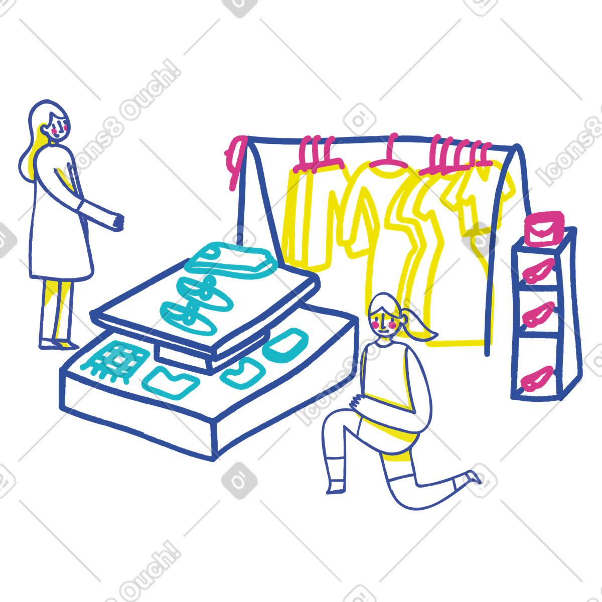 Woman selecting clothes in retail store illustration Lime style download PNG, SVG