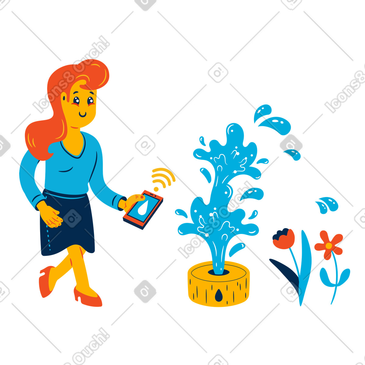 Ilustración Mujer usando un aspersor inteligente para regar las plantas en estilo Flame a descargar en PNG y SVG