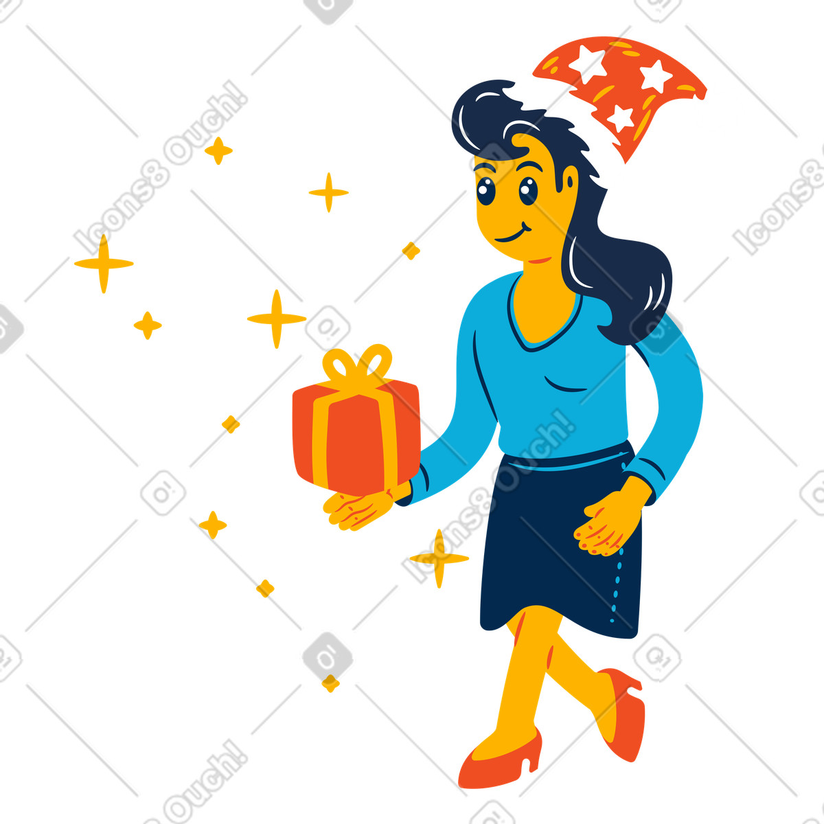 Woman in christmas hat carrying present box illustration Flame style download PNG, SVG