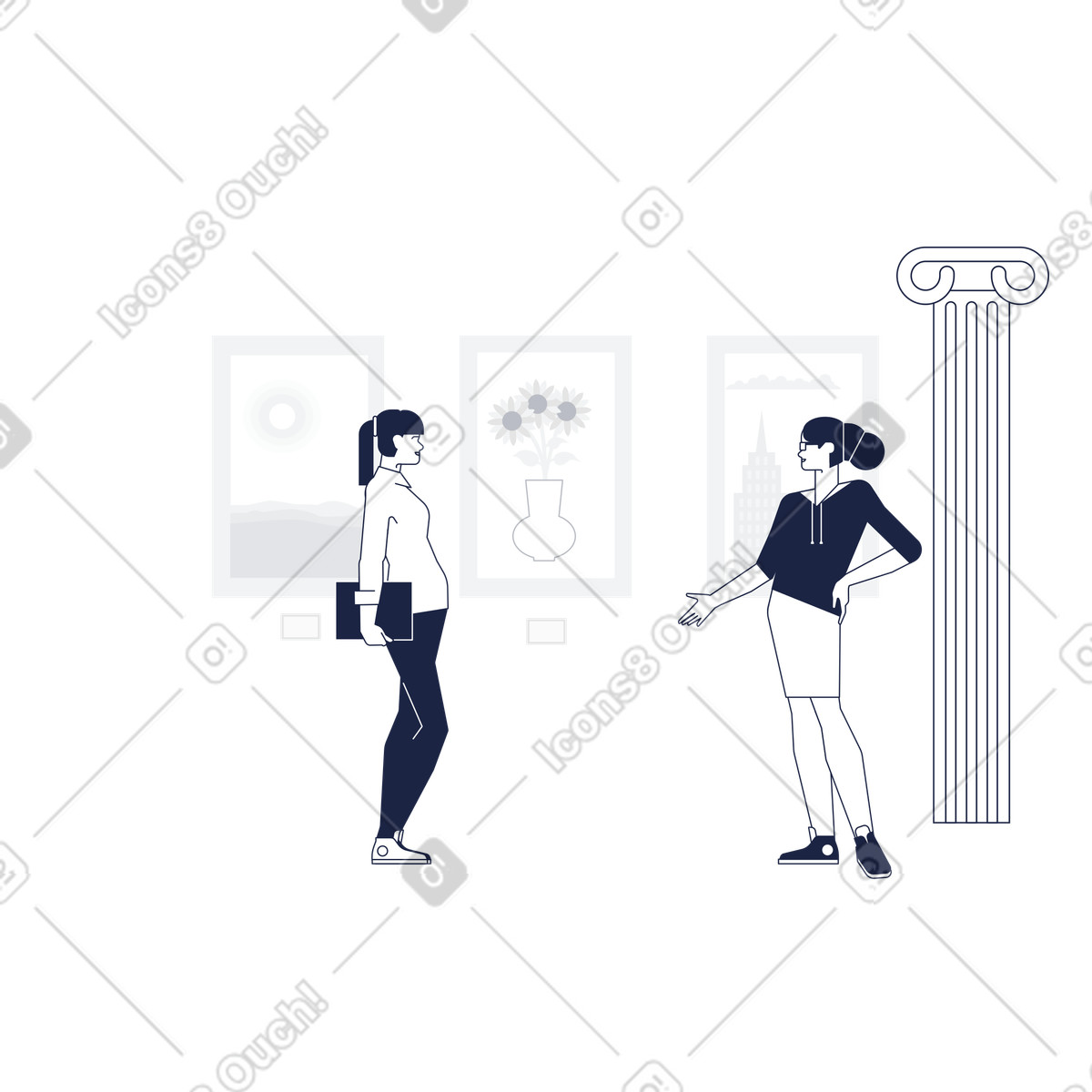 Visitors engaged in discussion at museum, Art conversation and cultural outing-Illustration im Urban Line-Stil als Download PNG, SVG