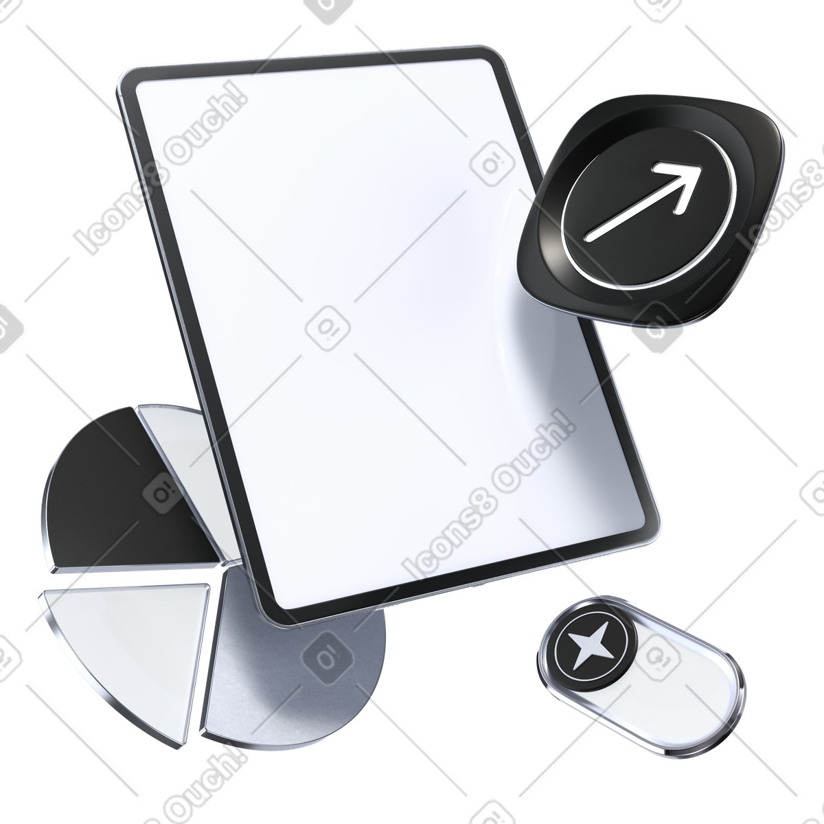 Tablet mockup with pie chart and growth arrow, performance metrics and business analysis illustration in PNG, SVG
