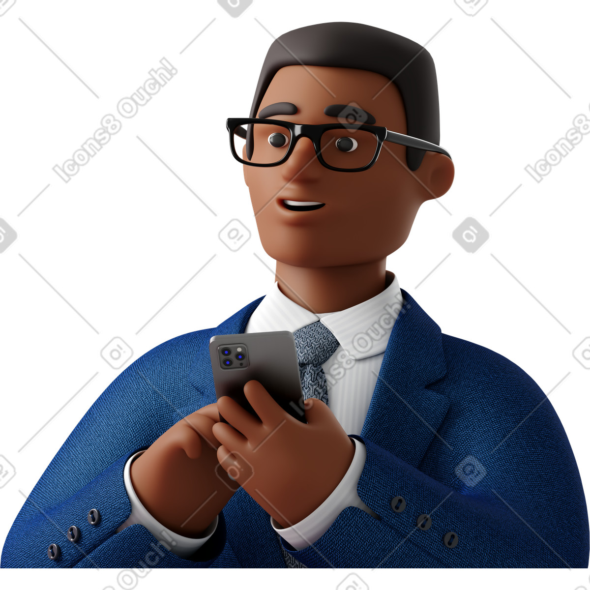 Illustration Close up of black businessman in blue suit with phone looking aside dans le style 3D Business à télécharger aux formats PNG, SVG