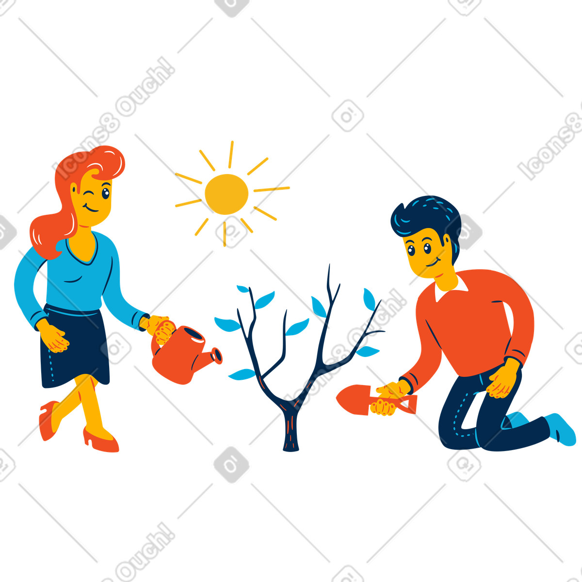 Ilustração de Homem e mulher cultivando uma árvore juntos em no estilo Flame para baixar em PNG, SVG