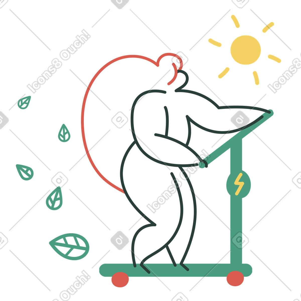 Ilustración Transporte sostenible, mujer conduciendo un patinete eléctrico en estilo Macaroni a descargar en PNG y SVG