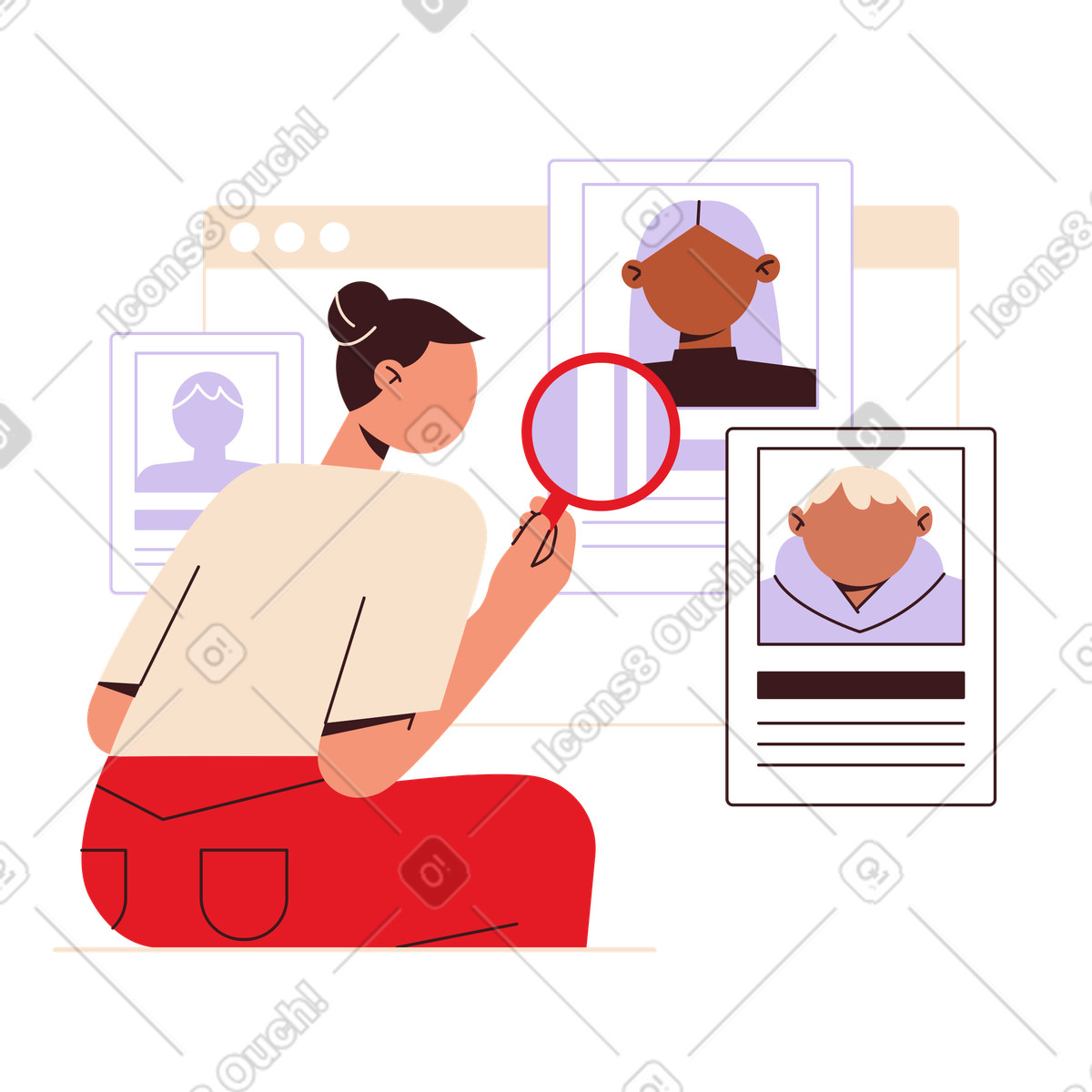 HR manager screening digital resumes, Recruitment and hiring process-Illustration im Folks-Stil als Download in PNG, SVG