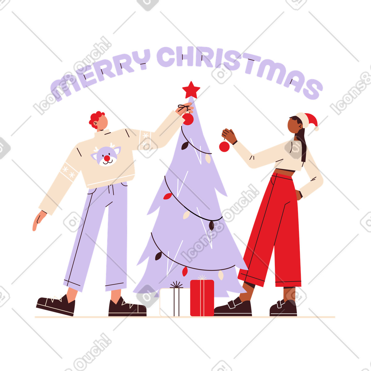 Couple decorating Christmas tree, Holiday season and family time-Illustration im Folks-Stil als Download in PNG, SVG