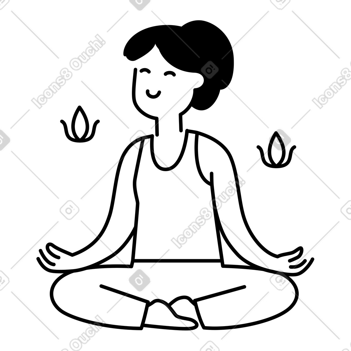 Meditation pose crossed legs relaxed hands peaceful facial expression-Illustration im Notion Line Art-Stil als Download in PNG, SVG