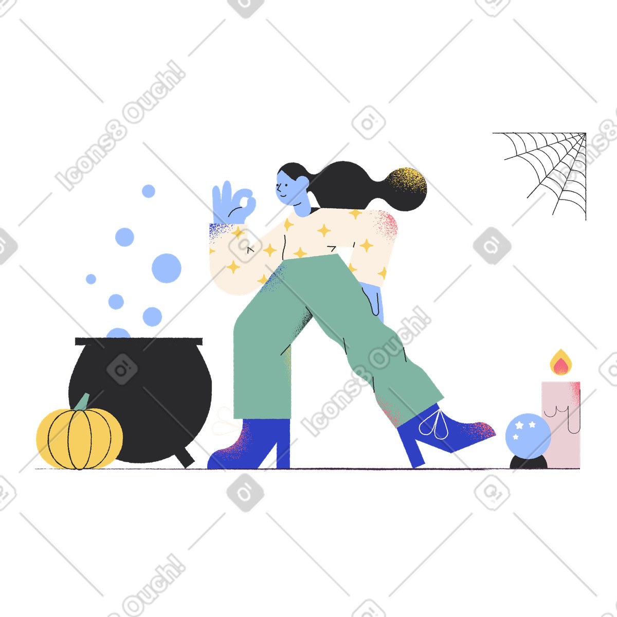 Witch brewing potion and showing ok gesture illustration in Pablo style download in PNG, SVG