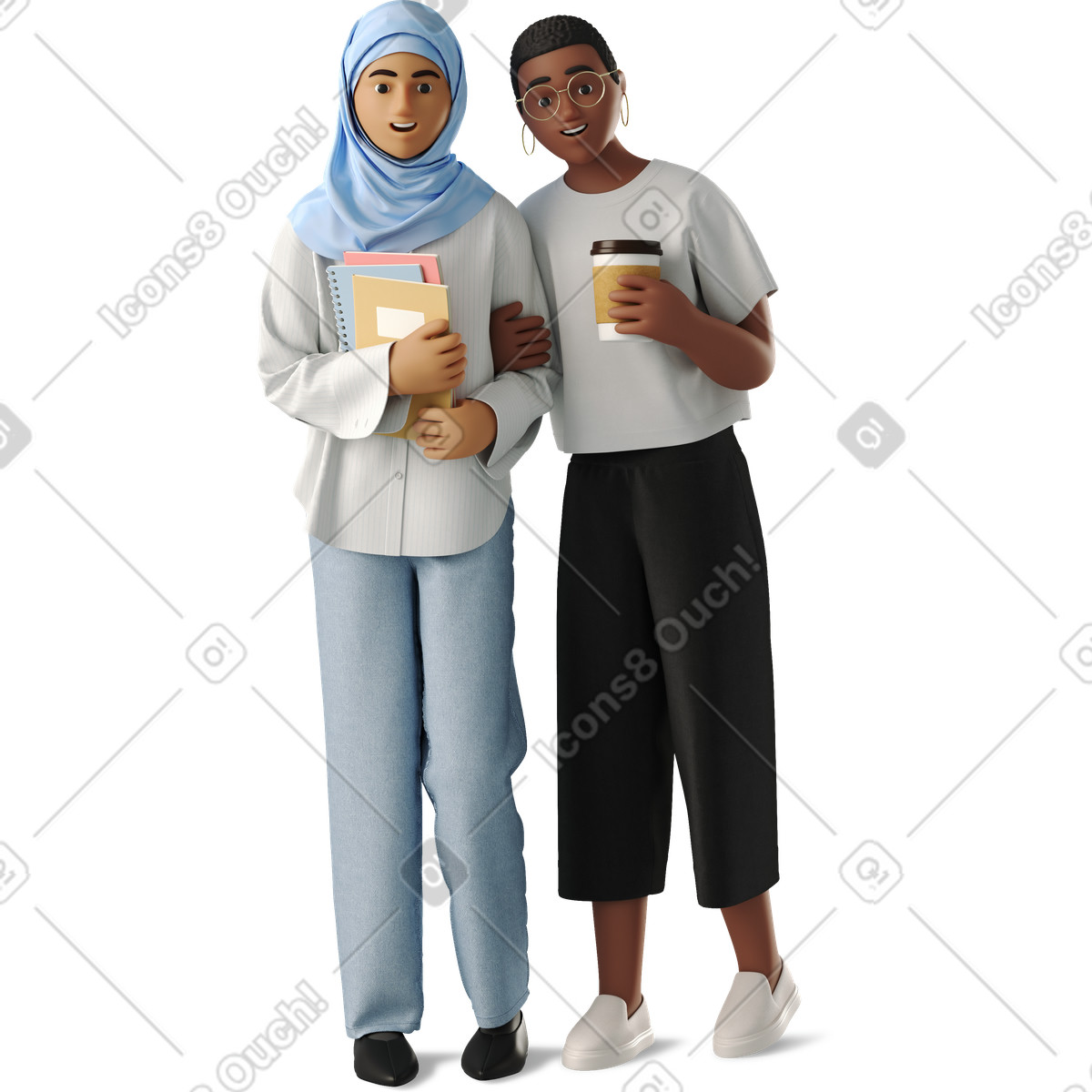 Young women students standing in an embrace illustration 3D Business style download PNG, SVG