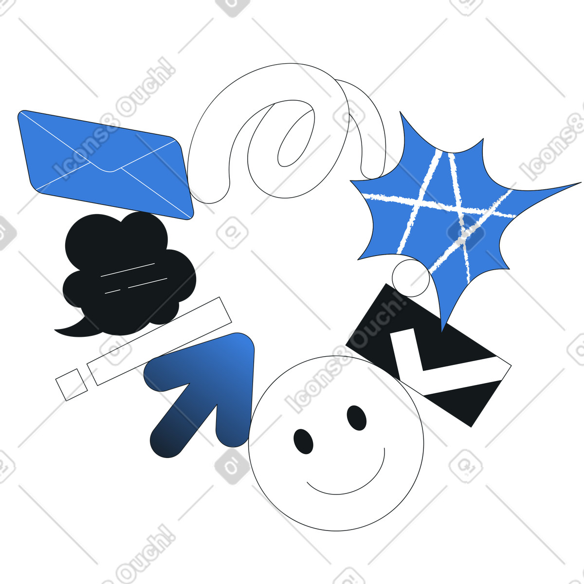 Icone di posta elettronica e chat con faccina sorridente, collaborazione messaggistica digitale, comunicazione aziendale produttività illustrazione in stile Midnight scarica in PNG, SVG