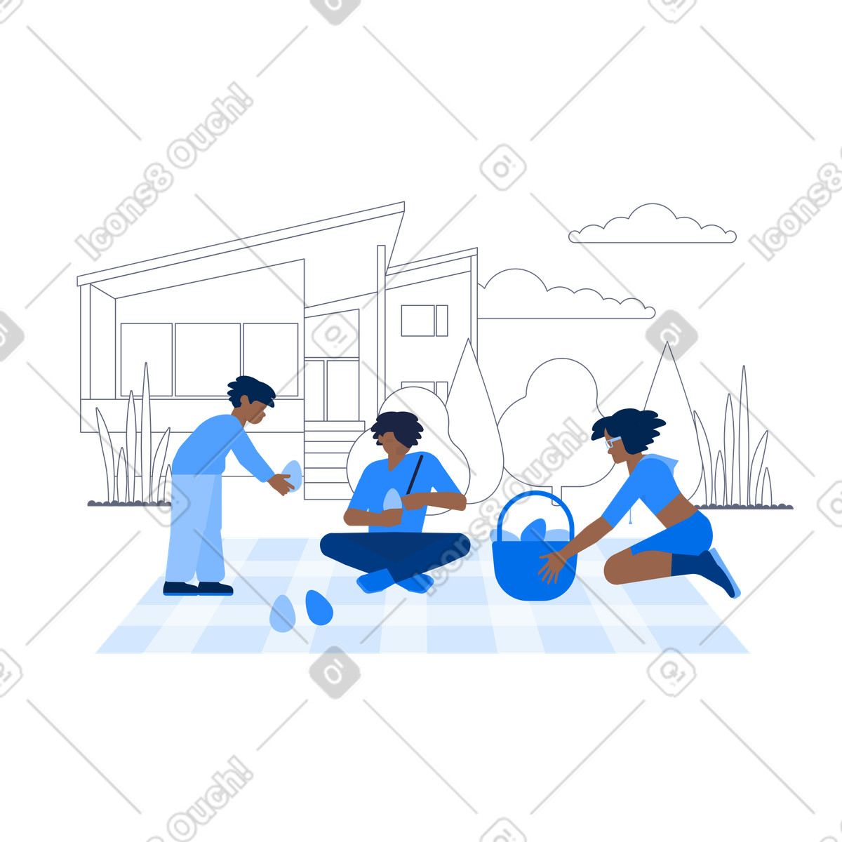 Family enjoying picnic while coloring Easter eggs, Holiday crafts and celebration-Illustration im Urban-Stil als Download in PNG, SVG