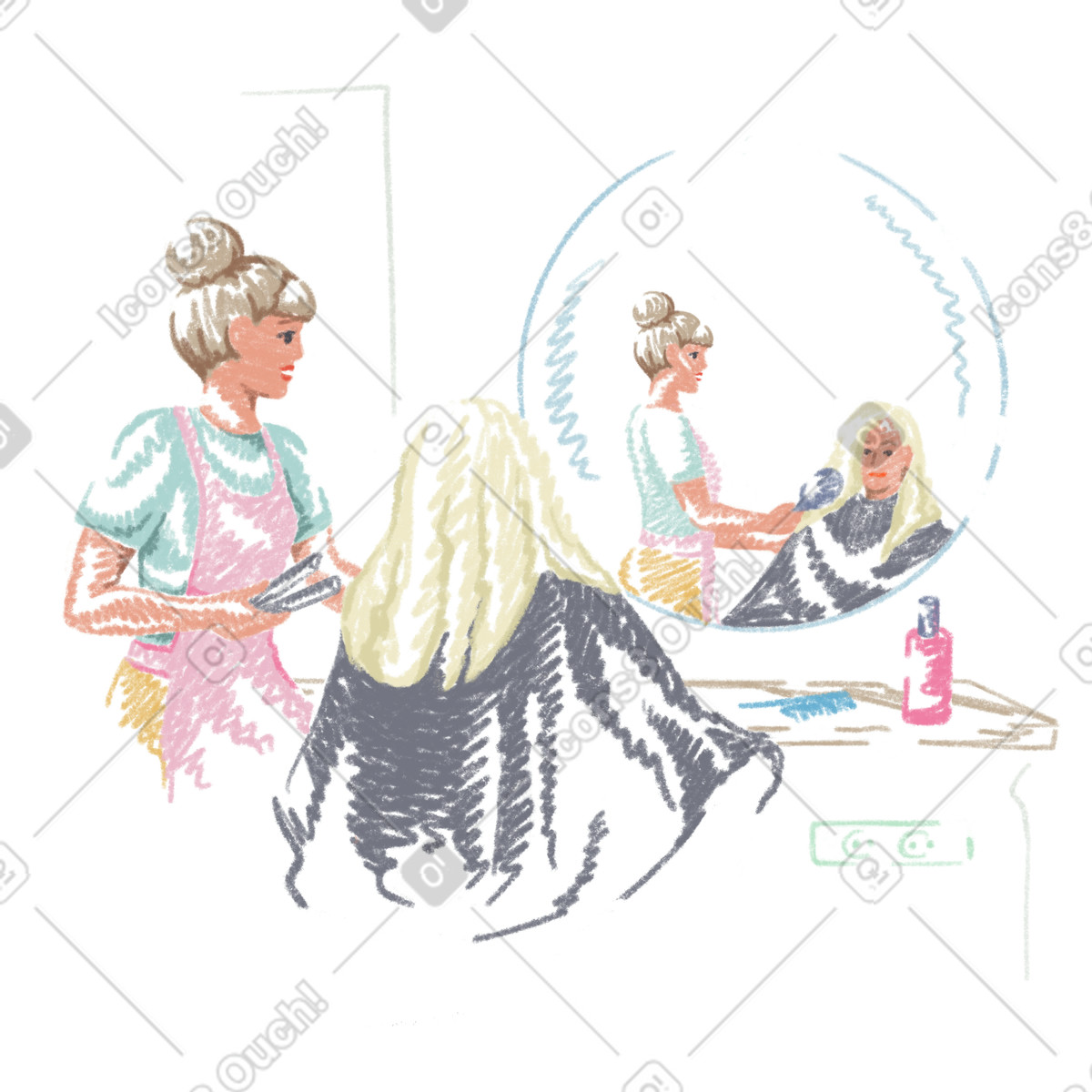 Salone di bellezza, cliente e parrucchiere illustrazione in stile Sketchbook scarica in PNG, SVG