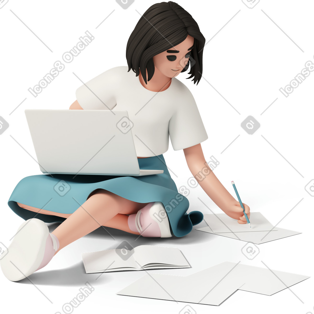 下载 3D Casual life 风格的 Business woman working on laptop while sitting floor 插画，支持 PNG、SVG 格式