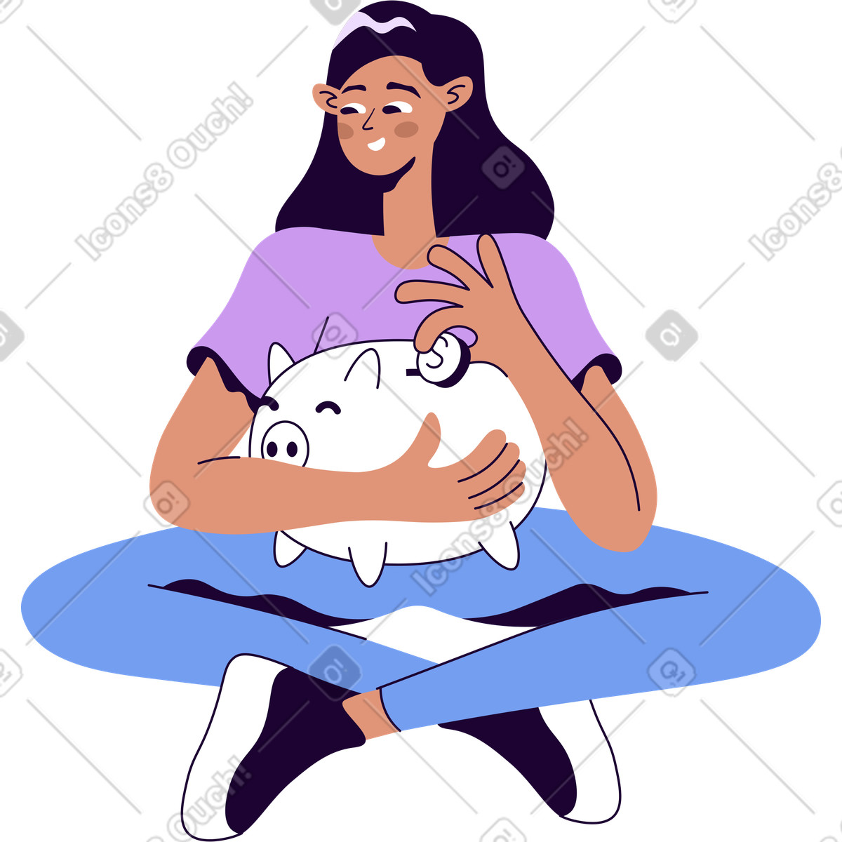 Illustration Femme assise tenant une tirelire dans le style Martina à télécharger aux formats PNG, SVG