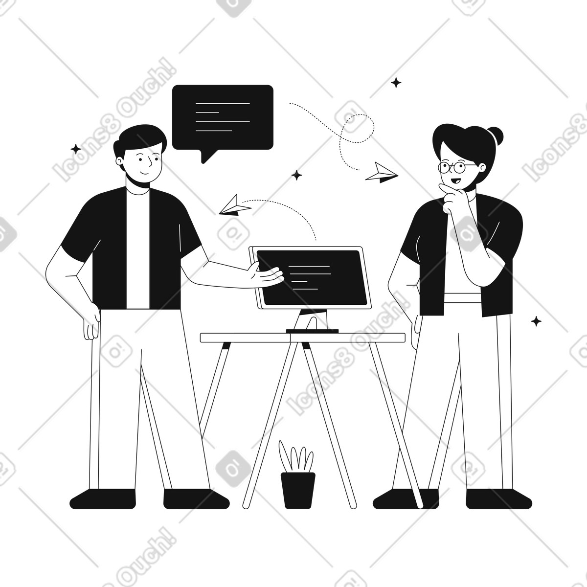 下载 Teams 风格的 男人和女人通过笔记本电脑交换信息 插画，支持 PNG、SVG 格式