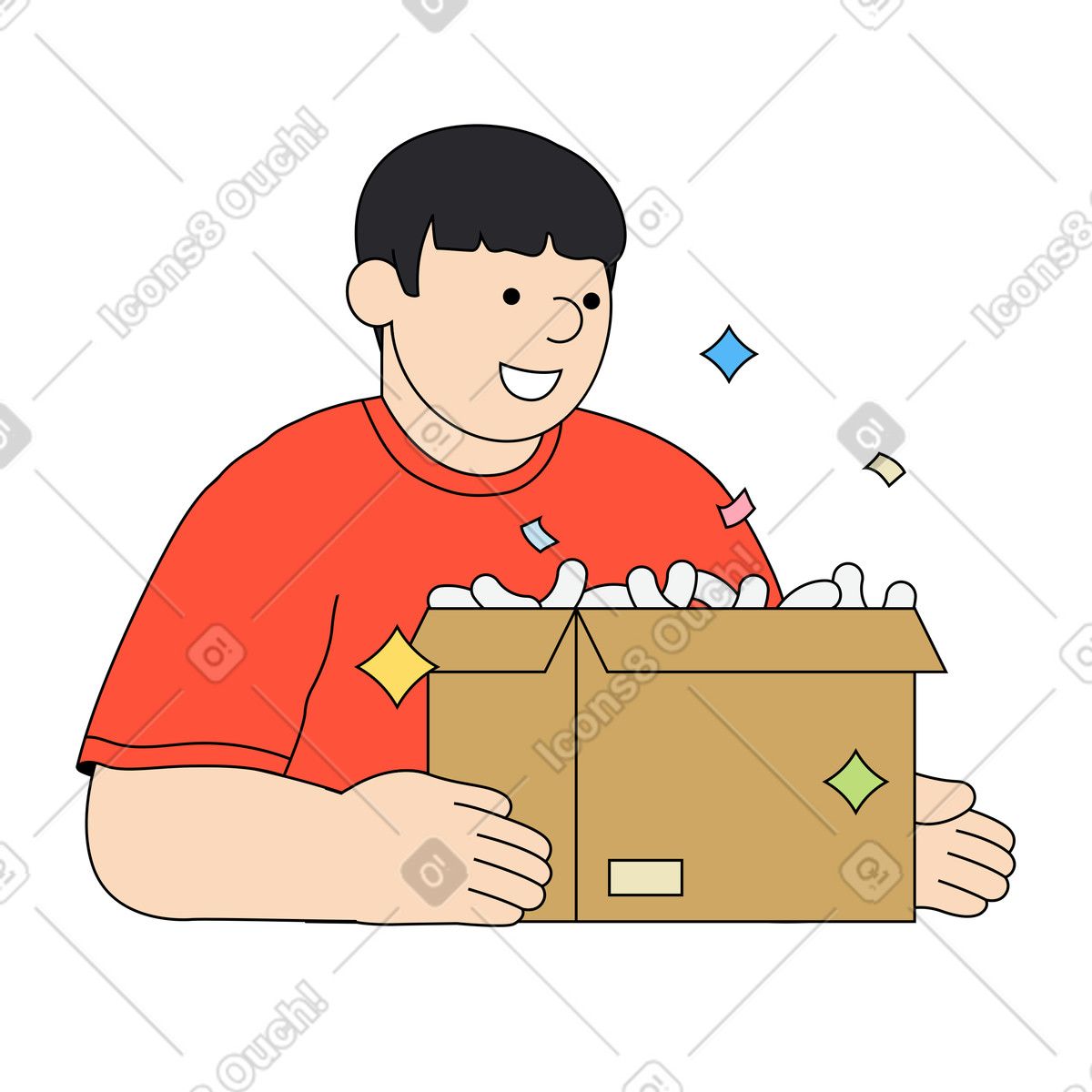 Ilustración Hombre sonriente desempacando una caja en estilo Kindy a descargar en PNG y SVG