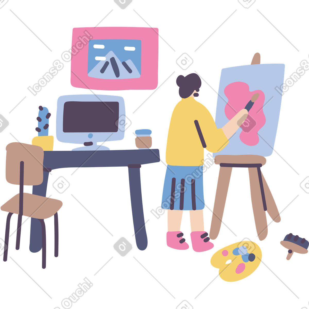 Woman painting a picture on canvas at home illustration in Pluto style download in PNG, SVG