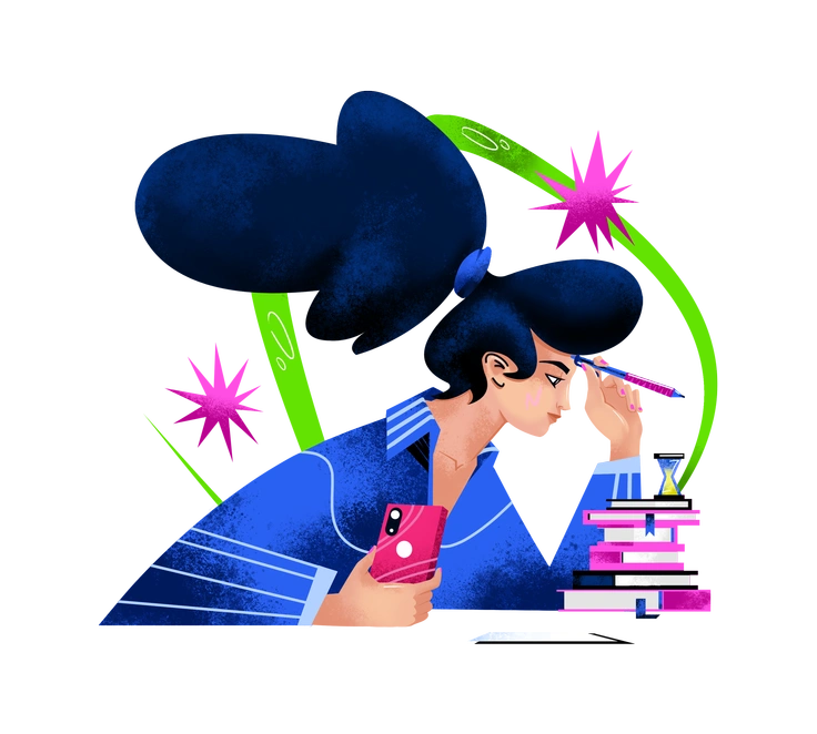 A woman holding a phone and books - Flare style illustration
