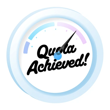 An analog meter with a circular face displays varying gradient pastel colors. The needle is firmly pointing towards the section marked with the words "Quota Achieved!" which is prominently displayed in bold letters. The background features subtle variations in color, enhancing the overall aesthetic of the meter. The surrounding area includes faint outlines of measurement markings that indicate a range, but focus is maintained on the needle and the achievement message.