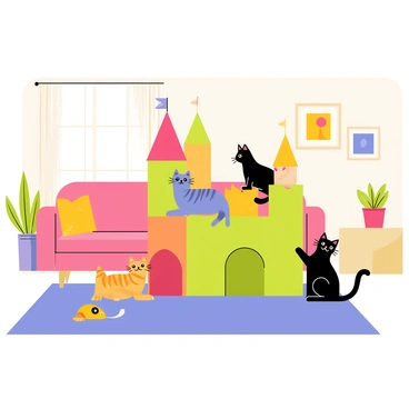 Curious cats climbing a colorful carpeted castle in a cozy living room