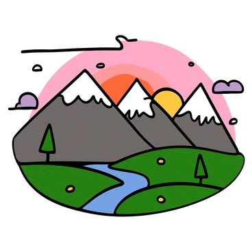 A majestic mountain range with towering, snow-capped peaks. The sky is filled with vibrant hues of orange, pink, and purple as the sun sets on the horizon. Wispy clouds are scattered across the sky, reflecting the warm colors of the sunset. Below the mountains, a lush green valley is visible, dotted with small trees and patches of wildflowers, adding contrast to the rocky terrain. A gentle stream flows through the valley, glistening in the fading light.