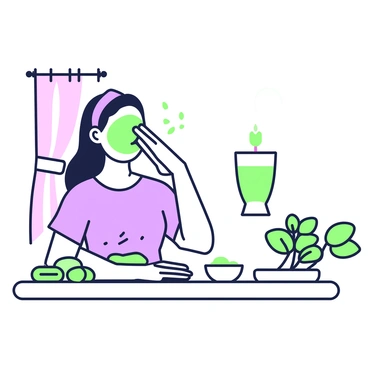 A woman with long hair is sitting at a wooden table in a spa setting. She is applying a natural amla face mask to her face using her fingers. The table has a small bowl with the remaining amla mixture, along with a few green leaves scattered around. Beside her, a rolled towel and a green plant are placed on the table. The background features a soft curtain and a small, green candle that adds to the tranquil atmosphere.