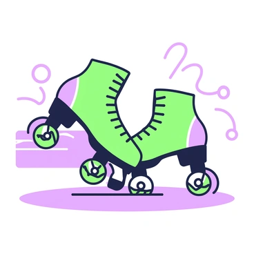 A pair of roller skates is positioned on a smooth floor. The skates are brightly colored with intricate designs, showcasing the wheels that have a slight sheen. One skate is tilted slightly to the side, capturing the moment of balance. The floor beneath is polished and reflects the skates, emphasizing their placement. In the background, there are faint markings on the floor, indicating a skating path that leads off into the distance.