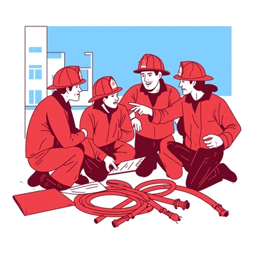 A group of five firefighters wearing bright red uniforms is huddled closely together, deep in discussion. They are surrounded by equipment, including hoses and tools, which are scattered across the ground. One firefighter is holding a clipboard with notes, while another points with urgency towards a large building in the background. The expressions on their faces are focused and determined, showcasing their commitment to their task. The sky overhead is a contrasting blue, enhancing the vivid colors of their uniforms.