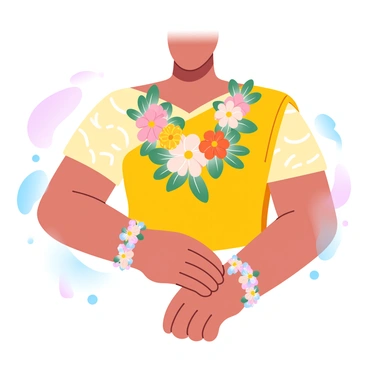 A delicate necklace made of vibrant fresh flowers and green leaves is draped elegantly around a neck. The flowers showcase a variety of colors, including bright yellows, soft pinks, and rich oranges, perfectly complementing the attire worn for the haldi ceremony. Small floral bracelets adorned with matching blooms encircle the wrists, enhancing the overall look. The clothing features intricate patterns and a bright yellow hue, reflecting the festive spirit of the ceremony. A background of soft, gradient pastel colors enhances the visual appeal, creating a harmonious scene for this traditional celebration.