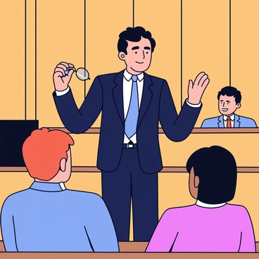 Atticus Finch is standing in a courtroom, wearing a classic dark suit and a white shirt. He is holding a pair of glasses in his right hand, with his left hand gesturing expressively as he addresses the jury. His expression is serious and determined, capturing his passion for justice. The jury is seated in the foreground, paying close attention to him. The courtroom features wooden paneling and a judge's bench in the background, adding to the solemn atmosphere.