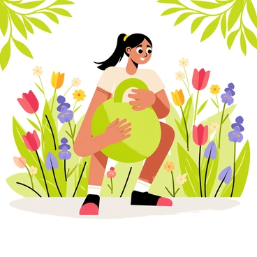 A person with a determined expression is performing goblet squats in a vibrant garden filled with blooming flowers. The individual has dark hair tied back and is holding a large green kettlebell close to their chest. The background is filled with various colorful flowers, including red tulips, yellow daisies, and purple irises. Lush green leaves surround the flowers, creating a lively atmosphere. Sunlight filters through the leaves, casting gentle shadows on the ground beneath the person's feet.
