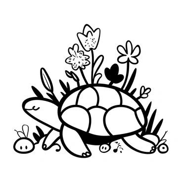 A turtle with a shell adorned by blooming wildflowers