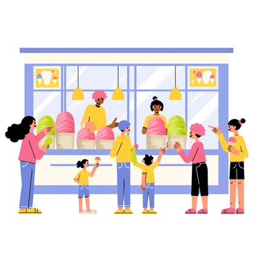 An ice cream parlor with a bright, welcoming exterior featuring large glass windows. Inside, a vibrant array of colorful ice cream flavors is displayed in shiny metal tubs. Several kids stand in front of the counter, excitedly pointing at their favorite flavors. One child has curly hair and is holding a cone topped with bright pink strawberry ice cream. Another child with pigtails examines a scoop of green mint chocolate chip. The walls of the parlor are decorated with cheerful posters of ice cream cones and fun toppings. A friendly staff member behind the counter smiles while serving ice cream to the eager children.