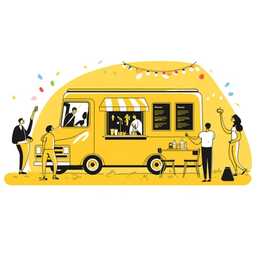 A yellow bread truck has been transformed into a food truck, parked on a grassy area at a music festival. The sides of the truck display large black menu boards, showcasing various food items. Colorful decorations, including strings of lights, hang from the awning of the truck. A group of people stands in line, eagerly awaiting their turn to place an order. Nearby, musicians are performing on a small stage, and festival-goers are enjoying the event. A table with condiments and napkins is set up next to the truck, with a few chairs scattered around for seating.