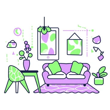 A room interior is filled with various pieces of furniture and decorations. In one corner, there is a green table with sharp angles, atop it rests a purple vase holding abstract flower shapes. A green chair with geometric patterns is positioned beside the table. Against one wall, a purple couch is placed, adorned with green cushions arranged in a disorganized fashion. The ceiling features a green chandelier with unique, angular shapes hanging down. Across the floor, a purple rug with an intricate design is spread out. Various framed artworks, showcasing fragmented patterns of green and purple, are hung on the walls, completing the room's aesthetic.