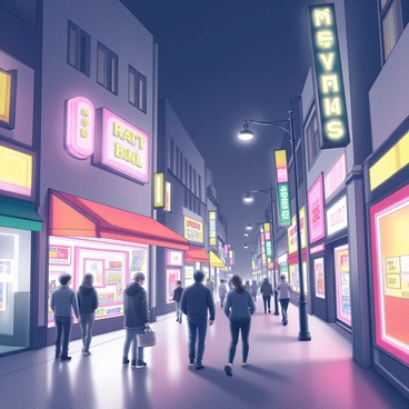 A nighttime scene in a bustling city. The streets are illuminated by vibrant neon lights from various shops and signs, creating a lively atmosphere. People are walking along the sidewalks, some glancing at storefronts while others engage in conversation. The buildings surrounding them have reflective surfaces that mirror the colorful lights. Streetlamps cast soft white light, adding to the illumination of the scene.