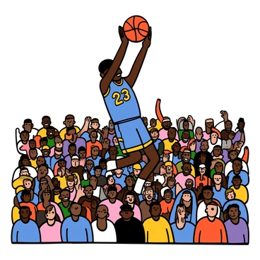 A tall basketball player with dark skin and short black hair is soaring through the air, performing a powerful slam dunk. He is wearing a blue jersey with the number 23 and matching shorts. His expression shows intense focus and determination. The basketball is in both of his hands, raised high above the rim as he prepares to slam it down. In the background, a large crowd is watching in awe, with people cheering and some standing up in excitement. The arena is brightly lit, enhancing the vibrant atmosphere of the moment.