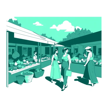 A teal open-air market scene bustling with activity, showcasing various vendors. Stalls are filled with an array of fresh produce, including vibrant fruits and vegetables arranged neatly. In one corner, a vendor is displaying handmade goods, such as pottery and woven baskets, adding to the market's charm. Customers, dressed in vintage clothing, are happily engaging with the vendors while browsing the colorful offerings. Sunlight filters through overhead canopies, creating a warm and inviting atmosphere throughout the market space.