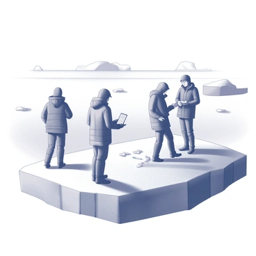A group of scientists is positioned on a large floating iceberg in the Arctic. They are dressed in insulated jackets and snow gear, equipped with various scientific instruments and tools. One scientist is taking ice samples, while another is using a laptop to analyze data. In the background, the vast expanse of icy water stretches out, dotted with smaller icebergs, and the sky above is clear, revealing the stark white and black contrasts of the icy landscape. The scene conveys an atmosphere of exploration and research in a remote environment.