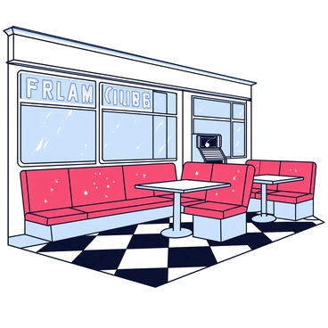 An old diner with a weathered building exterior, featuring faded signs hanging above the entrance. The windows are slightly dusty, allowing a glimpse of the interior. Inside, there are several empty booths with cracked vinyl seats that are a deep red color. The tables are made of chrome and have a slight shine, but show signs of age. A jukebox stands quietly in one corner, adding to the nostalgic atmosphere. The floor is checkered with black and white tiles, accentuating the retro look of the diner.