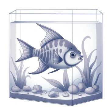 An angelfish with intricate fin patterns is swimming gracefully in an aquarium. The fish has elongated fins and a distinct body shape, showcasing its unique markings. The aquarium is filled with various aquatic plants, with some leaves gently swaying in the water. Small pebbles are scattered along the bottom, creating a natural habitat. Sunlight filters through the water, casting playful shadows and creating ripples that enhance the sense of movement.
