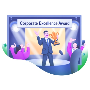 A stage set for a corporate event, featuring a large banner that reads "Corporate Excellence Award." In the center, a jubilant business leader stands proudly, wearing a tailored navy suit and a bright smile. They hold a shining trophy with intricate details in one hand, while the other hand raises in a celebratory gesture. Surrounding the leader are bright spotlights creating an atmosphere of excitement. Audience members can be seen clapping and cheering in the background, with a few capturing the moment on their smartphones.