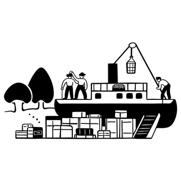 A steamboat docked at a riverside, with several workers busy loading various trade goods onto the vessel. There are large barrels stacked on the deck, along with wooden crates, some of which are marked with "Fragile" and "Handle with Care" labels. The scene includes ropes and pulleys being used to lift the goods onto the steamboat, while a backdrop of lush trees and a clear sky completes the setting.