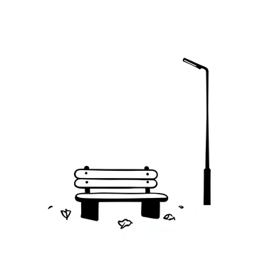 A park bench positioned below a solitary streetlight, casting a beam of light into the surrounding fog. The bench is empty, with a few fallen leaves scattered around it. The streetlight stands tall, illuminating the fog that envelops the area, creating a sense of isolation. In the distance, shadows of trees are barely visible through the thick mist, enhancing the atmosphere of solitude.