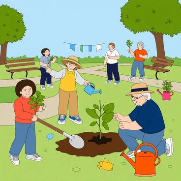 A diverse group of people gathering in a sunny park to plant trees. There are children, adults, and seniors, each participating enthusiastically. A young boy with curly hair is holding a small sapling while smiling brightly. A woman with a wide-brimmed hat is digging a hole in the soil with a shiny trowel. Nearby, an elderly man is kneeling and carefully placing another sapling into the ground. Colorful watering cans and gardening gloves are scattered around them. The park has green grass, a few benches, and a clear blue sky in the background. A "Tree Planting Day" banner is hanging from a nearby tree.