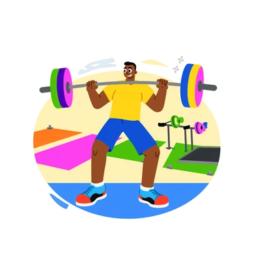 A cartoon character with a bright yellow shirt and blue shorts is in a gym setting. The character has large, expressive eyes and a cheerful smile. They are performing an exaggerated barbell squat, with a heavy barbell resting on their shoulders. The barbell is painted in vibrant colors, with oversized weights on each end. The gym has colorful exercise mats and fitness equipment in the background, including dumbbells and a treadmill. The character's legs are bent deeply, and their arms are stretched out for balance. Sweat droplets are comically flying off the character's forehead to emphasize the effort.